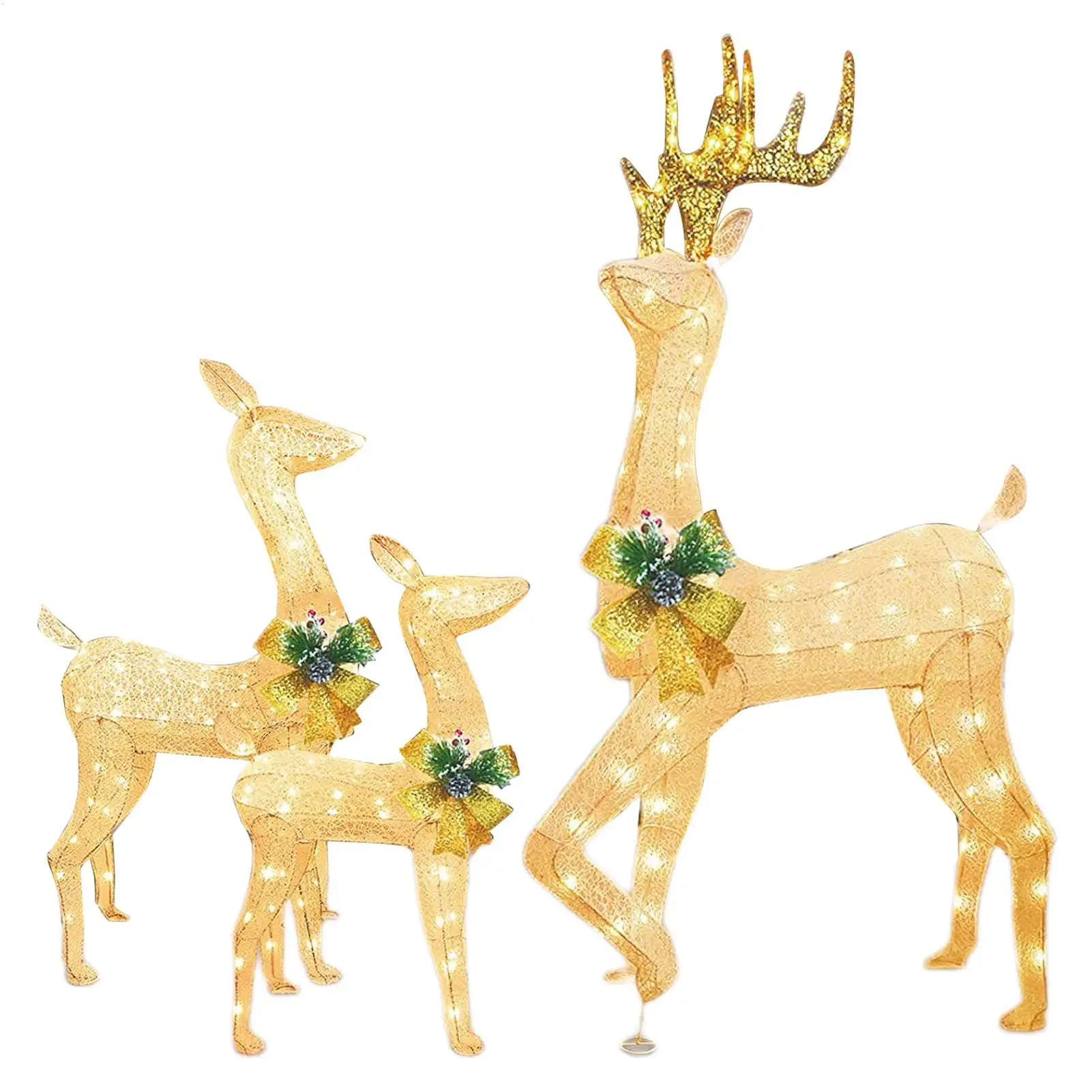 Christmas Led Light-up Reindeer Family Decorations, Outdoor Christmas Yard Decorations With Bows, Festive Lawn And Garden Decor
