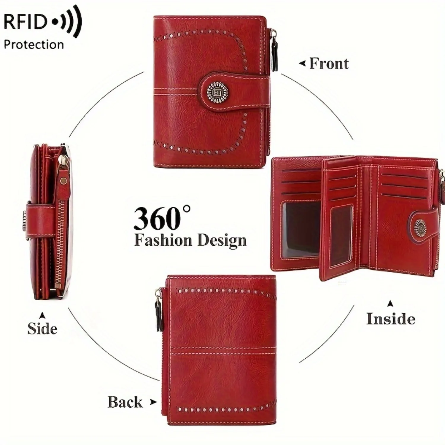 RFID Blocking Anti-theft Large Capacity Retro Wallet for Women - PU Leather Solid Color, Multi-Functional Zipper & Credit Card H
