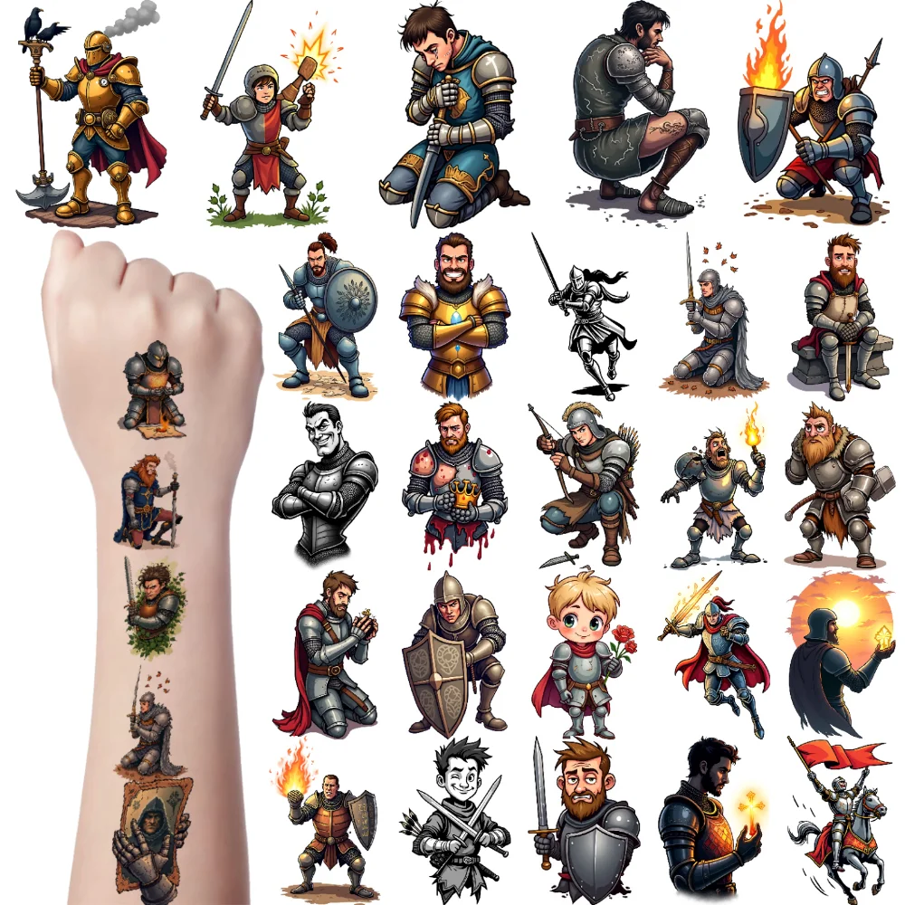 

54pcs Temporary Tattoo Medieval Warrior Cartoon Knight Armour Fantasy Hero Temporary Tattoo Stickers For Adults Girls Women