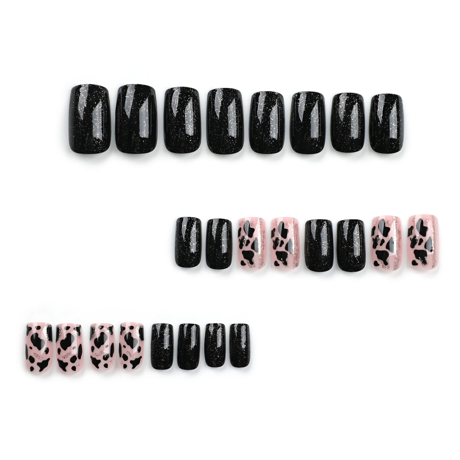 24 short square press on nails with leopard print pattern fake nails, paired with 1 nail glue and 1 nail file