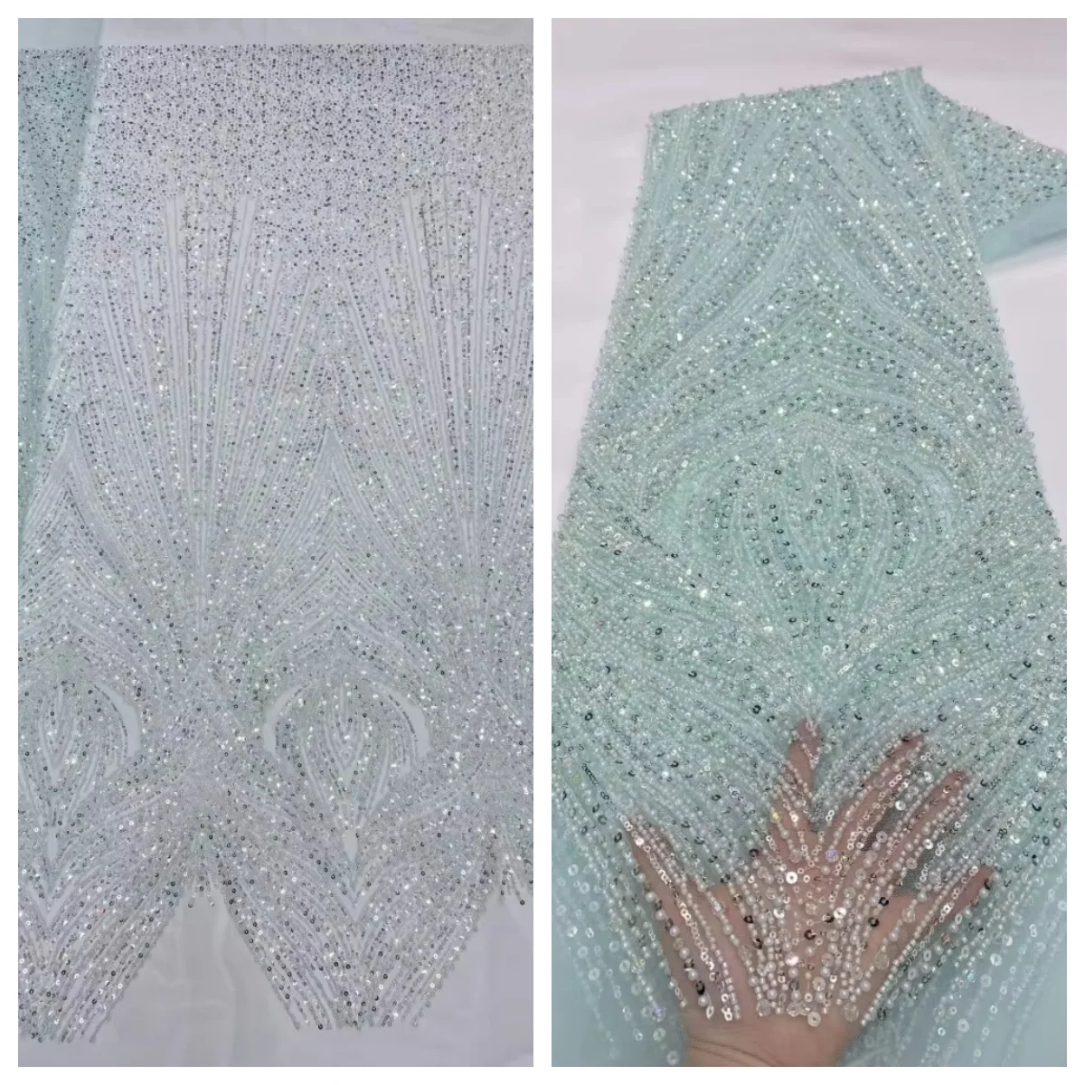 

Luxury African Groom Handmade Beaded Lace Fabric High Quality French Sequins Tulle For Wedding Party Dress Sewing