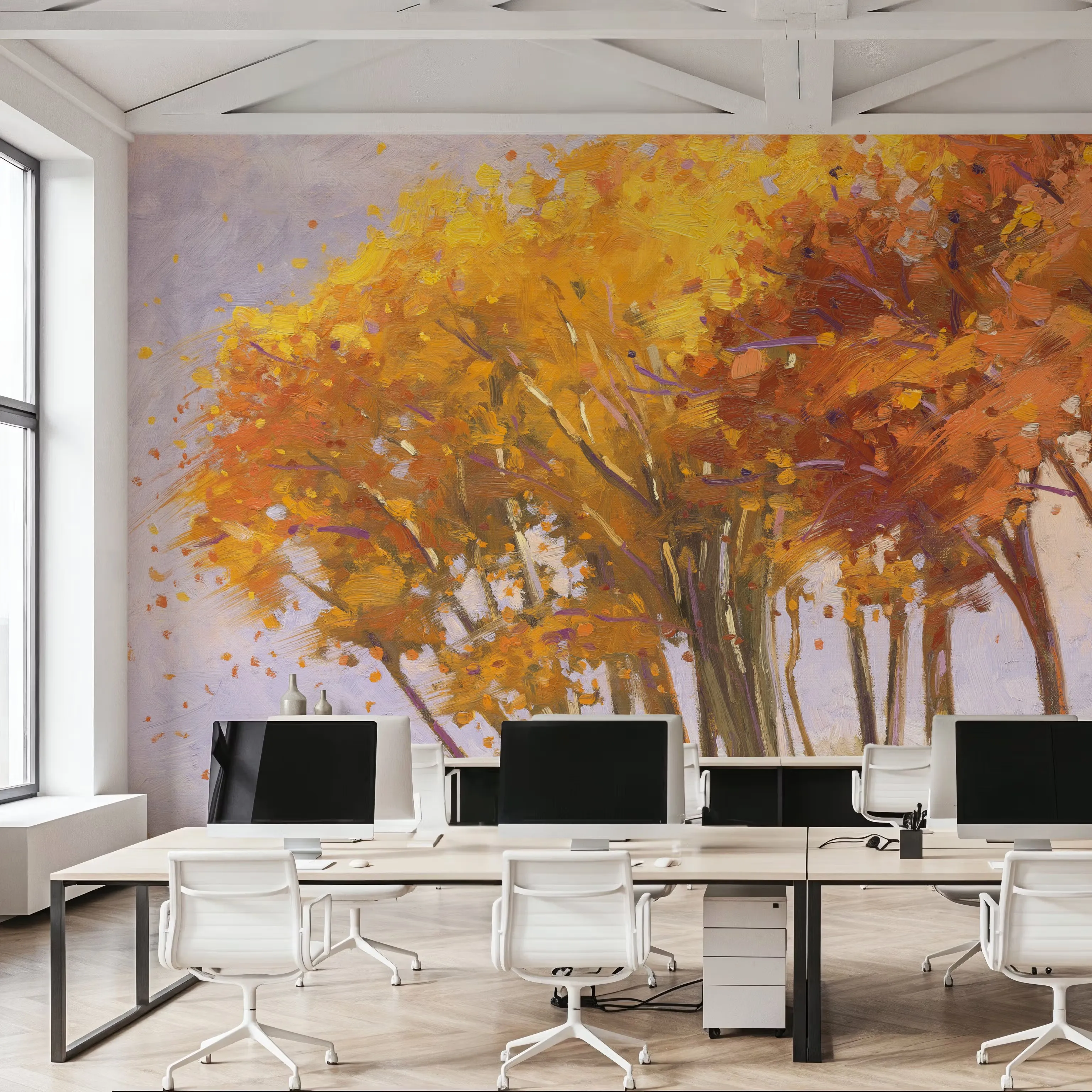 Customized wallpaper, oil painting in yellow and orange, birch forest mural, living room, dining room or bedroom, touch stroke