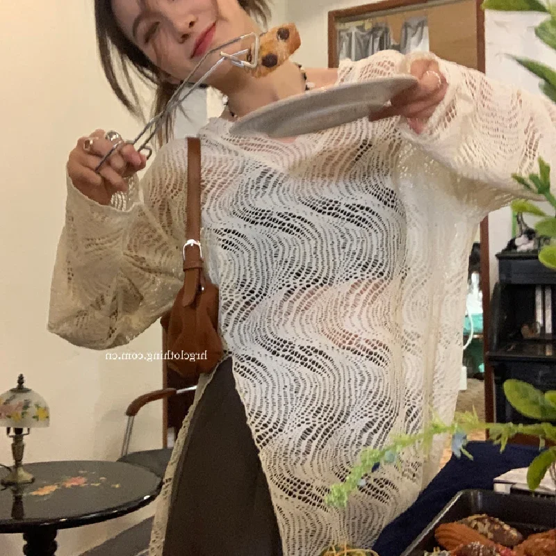 T-shirty z długim rękawem dla kobiet 2025 Ropa Mujer Hollow Out Casual Fashion Y2k Tops Thin Camisetas Summer Tees See Through Tshirt