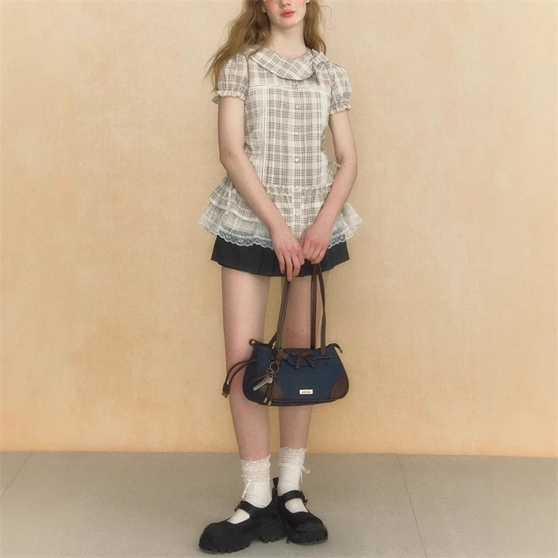 Camicia Y2k scozzese con colletto a palloncino in stile retrò americano Camicia estiva nuova in pizzo slim fit Camicie Abbigliamento femminile 1]1]