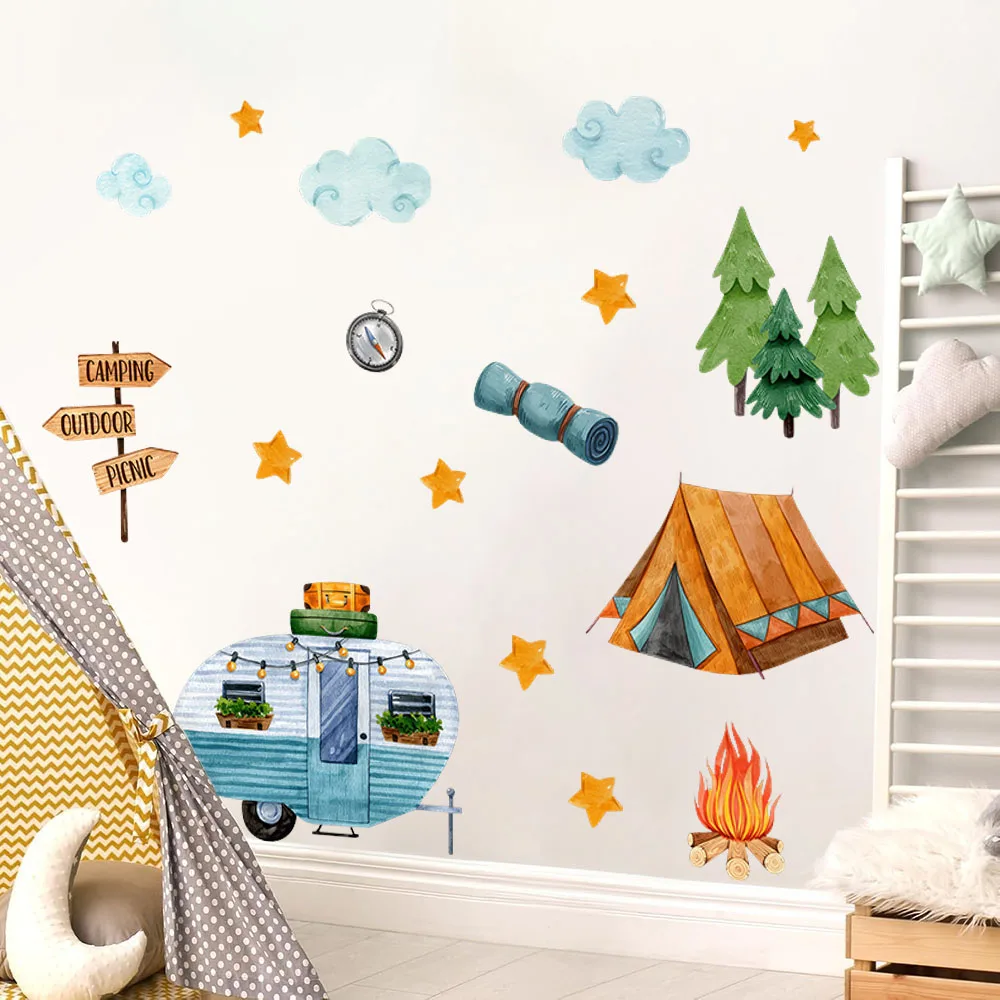Camping Tent Camper Wall Stickers Baby Nursery Kids Room Pine Trees Cloud Stars Wall Decals Bedroom Living Room Wall Decor