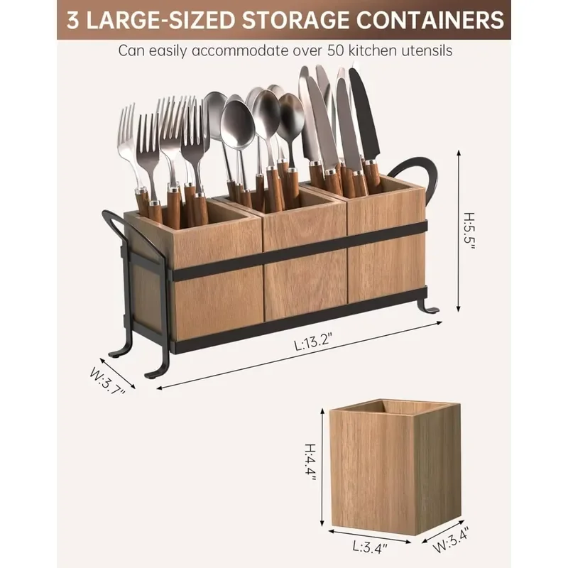 Natural Wood Vertical Tableware Organizer Single Piece Kitchen Storage Box Eco Friendly Countertop Rack for Spoon Fork Knife