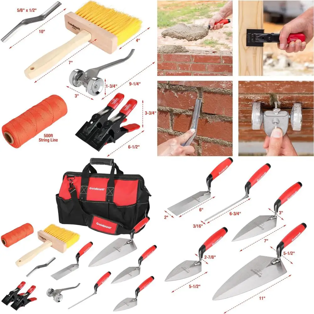 

Complete 12-Piece Masonry Tool Kit with Bag - Trowels, Joint Raker, Brick Jointer, String Line, and More
