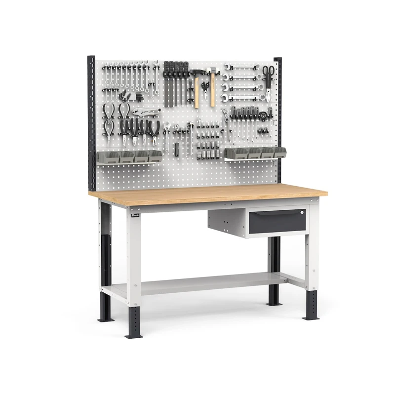 Fami WORK1528 150cm Adjustable Workbench, Wooden Top, Drawer And Perforated Wall