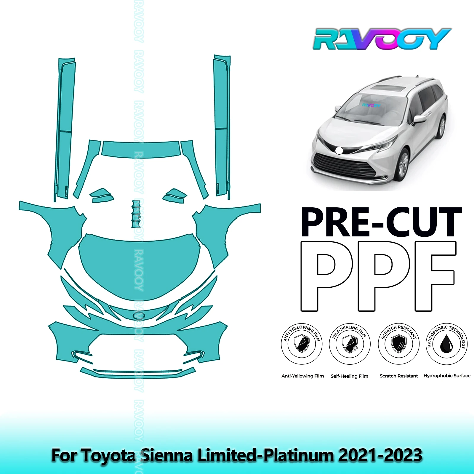 RAVOOY 8.5Mil Custom-Fit Precut TPU PPF Front Kit+Rockers Clear Bra Stone Guard For Toyota Sienna Limited-Platinum 2021-2023