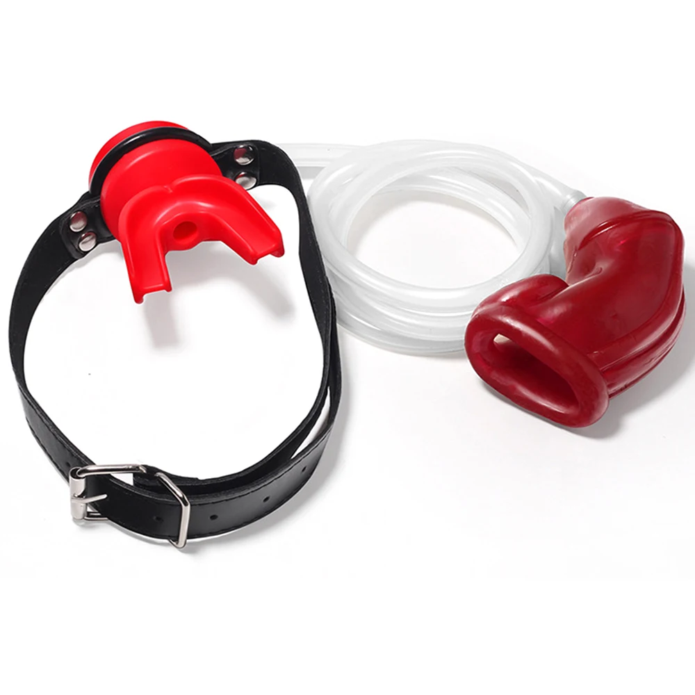 BDSM Toys Male Chastity CockCage With Piss Urinal Flow Into Mouth Plug Gag Catheters Penis Cage Fetish Sex Products