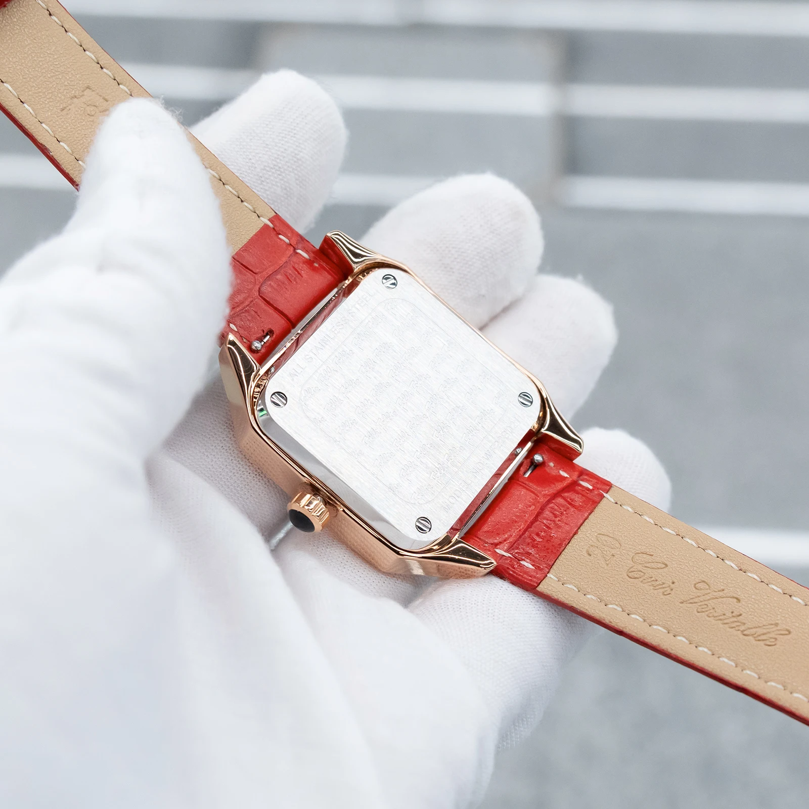 ساعة فولي فولي للسيدات بمينا ذهبي وردي وألماس أوتوماتيكية مع أرقام رومانية وحزام جلدي فاخر للسيدات #5