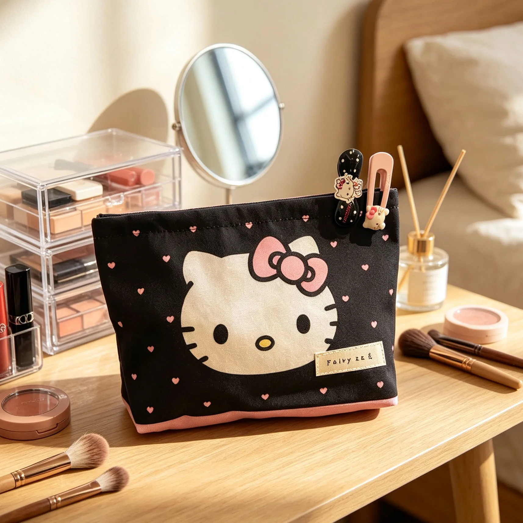 Sac de maquillage portable imprimé dessin animé Hello Kitty Kawaii, sac de rangement cosmétique de grande capacité, sac de rangement portable pour voyage et soins personnels