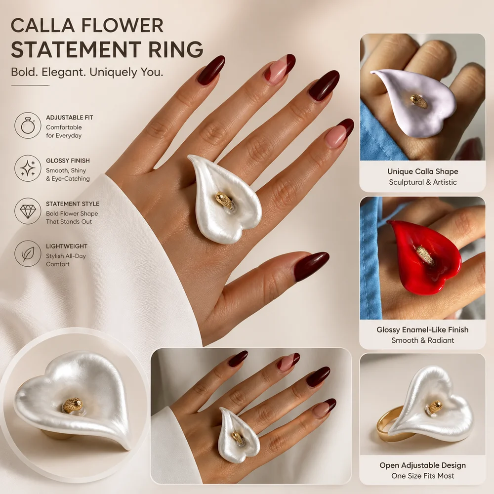 New Open Calla Flower Ring Adjustable Dripping Oil Enamel Flower Ring Exaggerated Unique Finger Jewelry Women