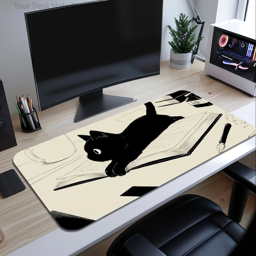 1 Stück Niedliches Schwarzes Katzen- & Buch-Motiv Großes Rutschfestes Gaming-Mauspad mit Gummibasis Waschbare Stoffoberfläche Schreibtischunterlage für Büro & Zuhause