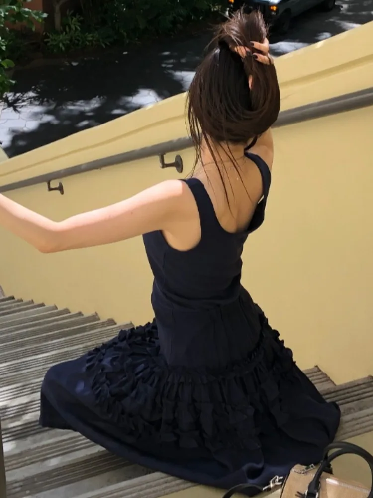 스윗 스타일 레이어드 우드 이어 스플라이스 베스트 드레스 여성 여름 신상 레트로 A라인 미디 스커트 반팔 친환경 섬유