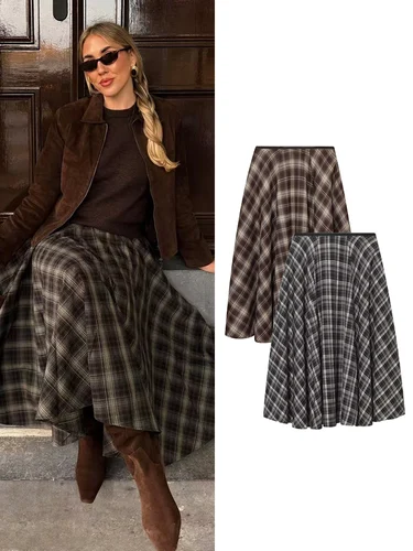 TFMLN, falda a cuadros Vintage para mujer, faldas tipo paraguas acampanadas a la moda, falda Midi informal holgada de calle con bolsillos para mujer, nueva