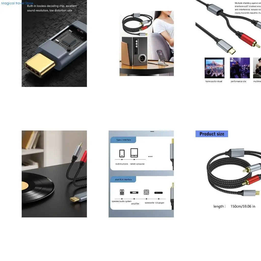 N2UB Long Type C To Twin RCAs Sound Cable 1.5m Braided For Seamlessly Playbacks