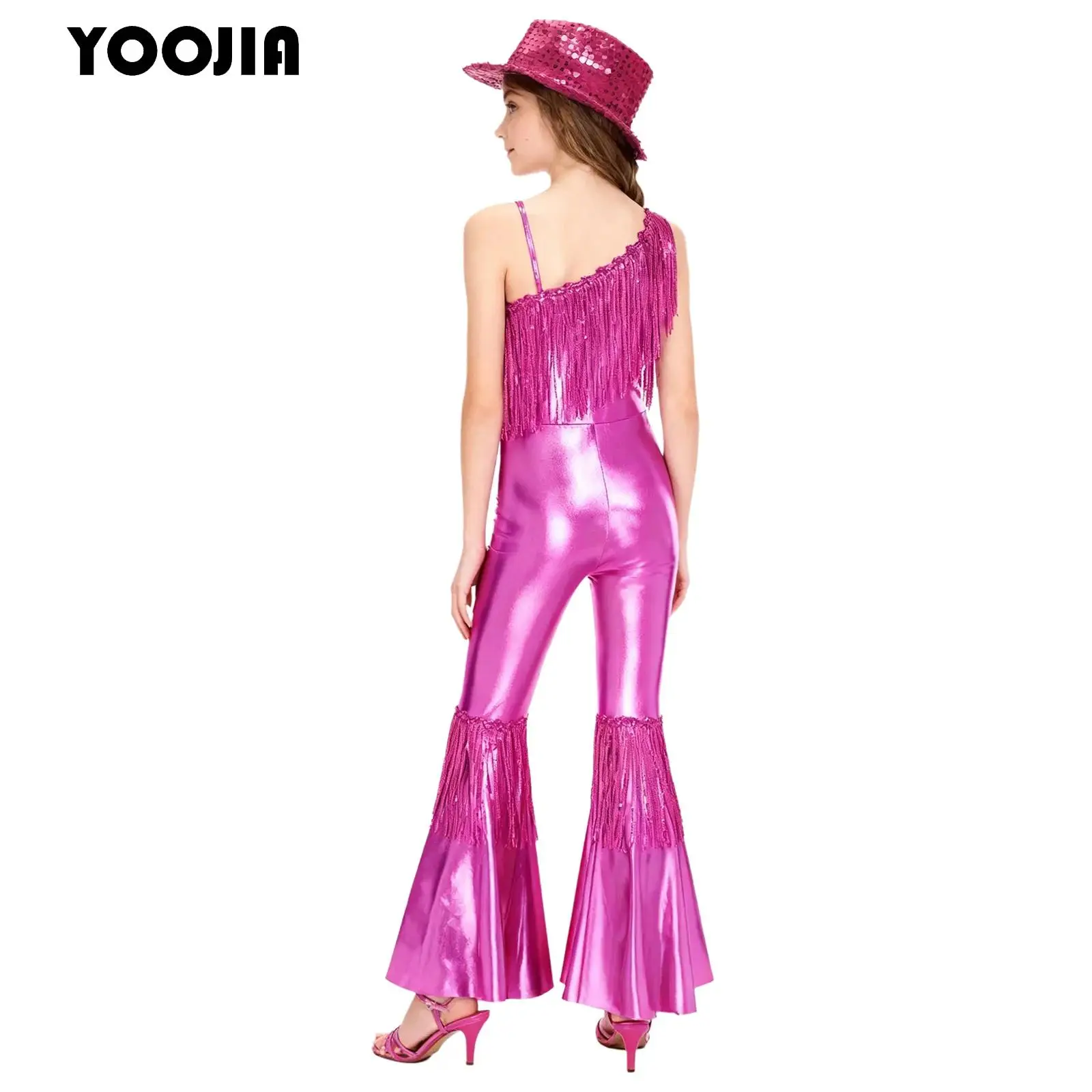 

Kids Girls Shiny Sequin 70S Disco Dance Jumpsuit Jazz Hippie Costumes One Sleeve Tassels Flared Bodysuit Banquet Pageant Rompers
