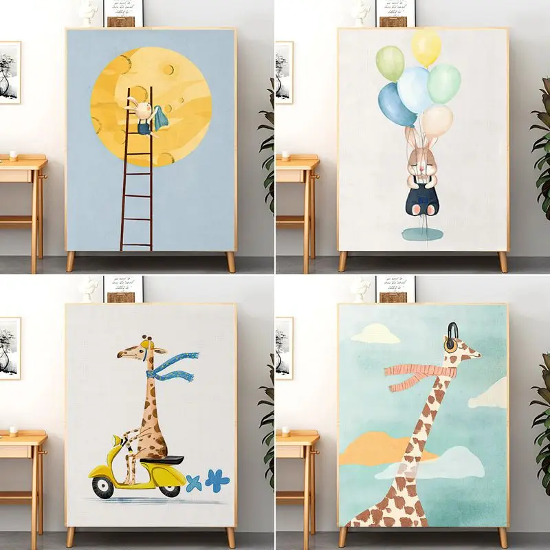 VIKAMA Nordic Cartoon Cabinet Curtain Punch Free Self Adhesive Giraffe Rabbit Print Kids Toy Storage Closet Screen Home Decor