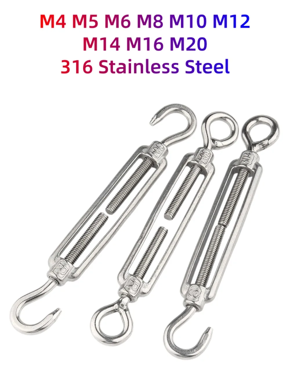 1Pc 316 Stainless Steel Turnbuckle, M4‑M20 OO CC OC Type Wire Rope Tension Adjust Chain Rigging Hook for Marine Hardware