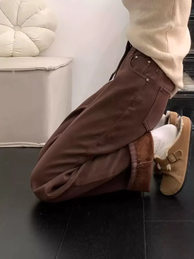 Thickened Fleece Brown Denim Pants Women's High Waist Loose Slim Straight Leg Narrow Version Wide Leg Pants Winter New Arrival