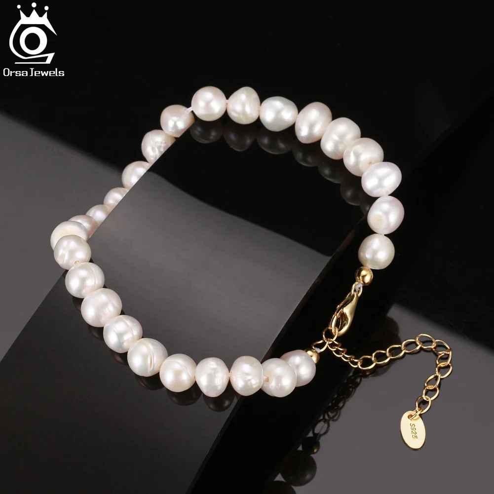 ORSA JEWELS 925 Sterling Silver Bracelet with 14k Gold Rice Natural Freshwater Pearl Chain Bracelet for Women Jewelry GPB10