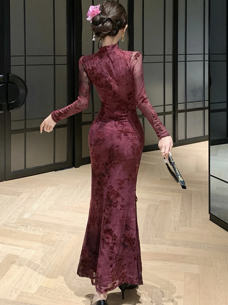 2025 purpld floral manga longa gola vestido longo feminino elegante chique arco fenda vestido outono inverno coreano bodycon vestido de baile