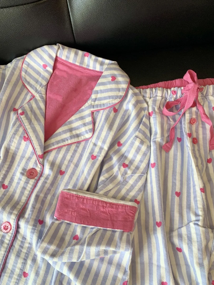 Sweet Style Striped Sleepwear Cardigan Women's Spring Autumn Home Clothes Set Ladies Can Go out Heart Shaped Home Clothes
