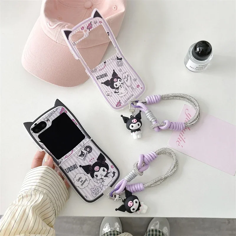 Funda de teléfono Sanrio Kuromi con dibujos animados 3D para Samsung Galaxy Z Flip 6 5, funda trasera suave de TPU para Z Flip 3 4 con cordón