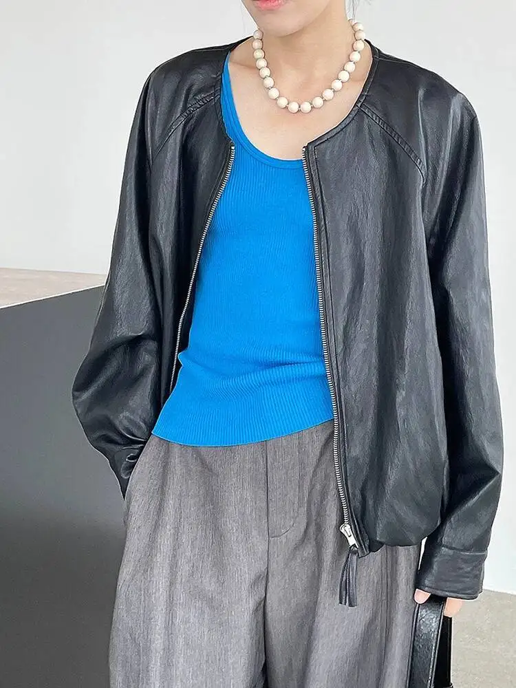 

Coffee Pocket Big Size PU Leather Jacket New Round Neck Long Sleeve Women Coat Fashion Tide Spring Autumn