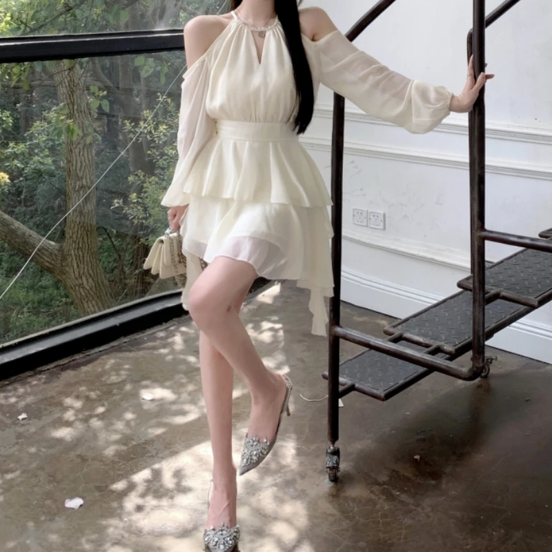 HOUZHOU Elegant Luxury Dresses for Women Fairycore Casual Chiffon Dress Sweet Short Skirt Fashion Summer White Mini Dress Slim