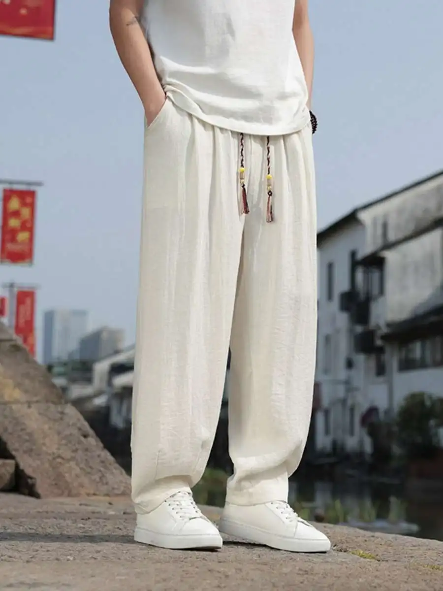 

Men's Casual Cotton Linen Wide Leg Straight Cut Pants Spring Summer Sli Comfortable Leisure Trousers mid Waist Long Pants