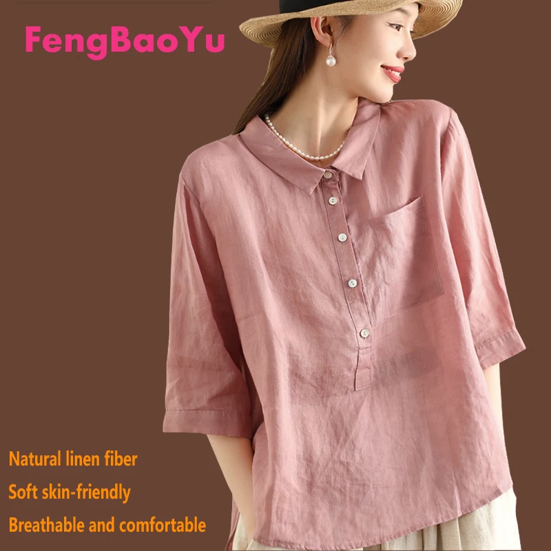 

100% Natural Pure Linen Women's Shirt, Pink Short-sleeved Lapel Top, Outdoor Casual High-end Women's Wear Comfortable and Cool