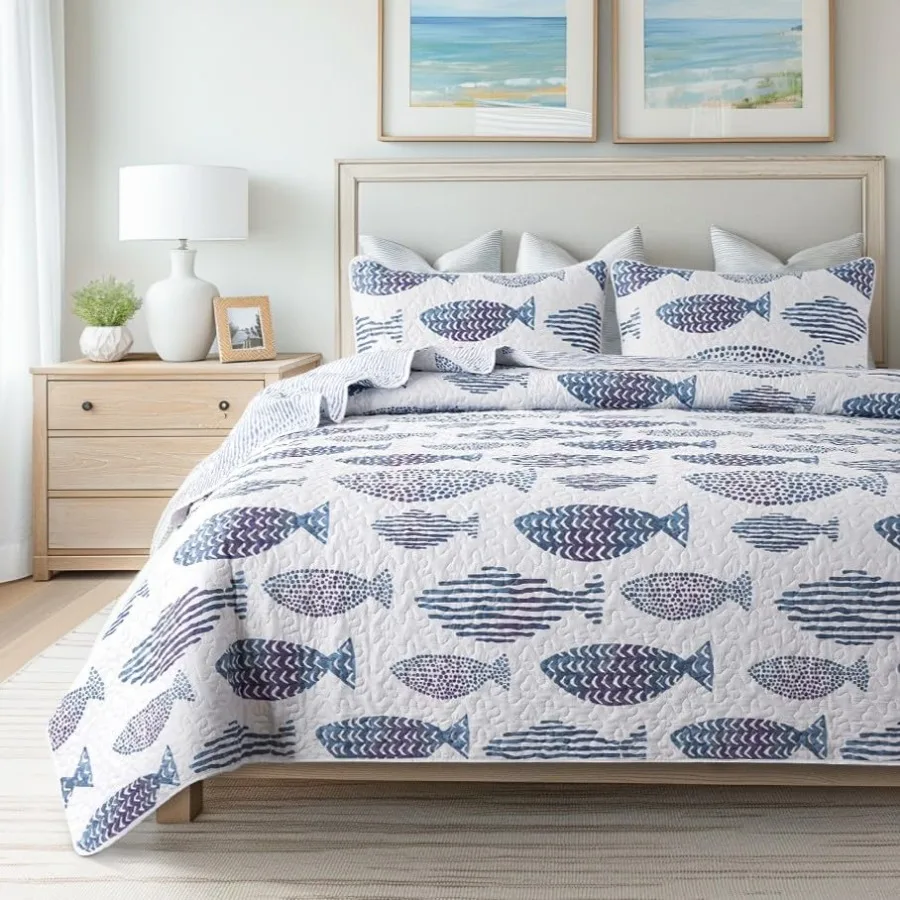 

3-Piece Quilt Set - Size with 2 Shams, Blue and White Ocean-Inspired Bedding Set, Nautical Fish Design, Lake Themed Coastal Qui