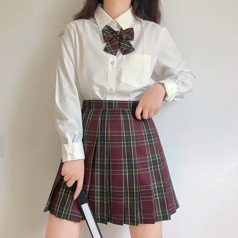 Uniformi JK sexy Camicia uniforme stile college giapponese Uniforme da ragazza scolastica Vita alta Gonna scozzese a trapezio Set completo da donna estiva