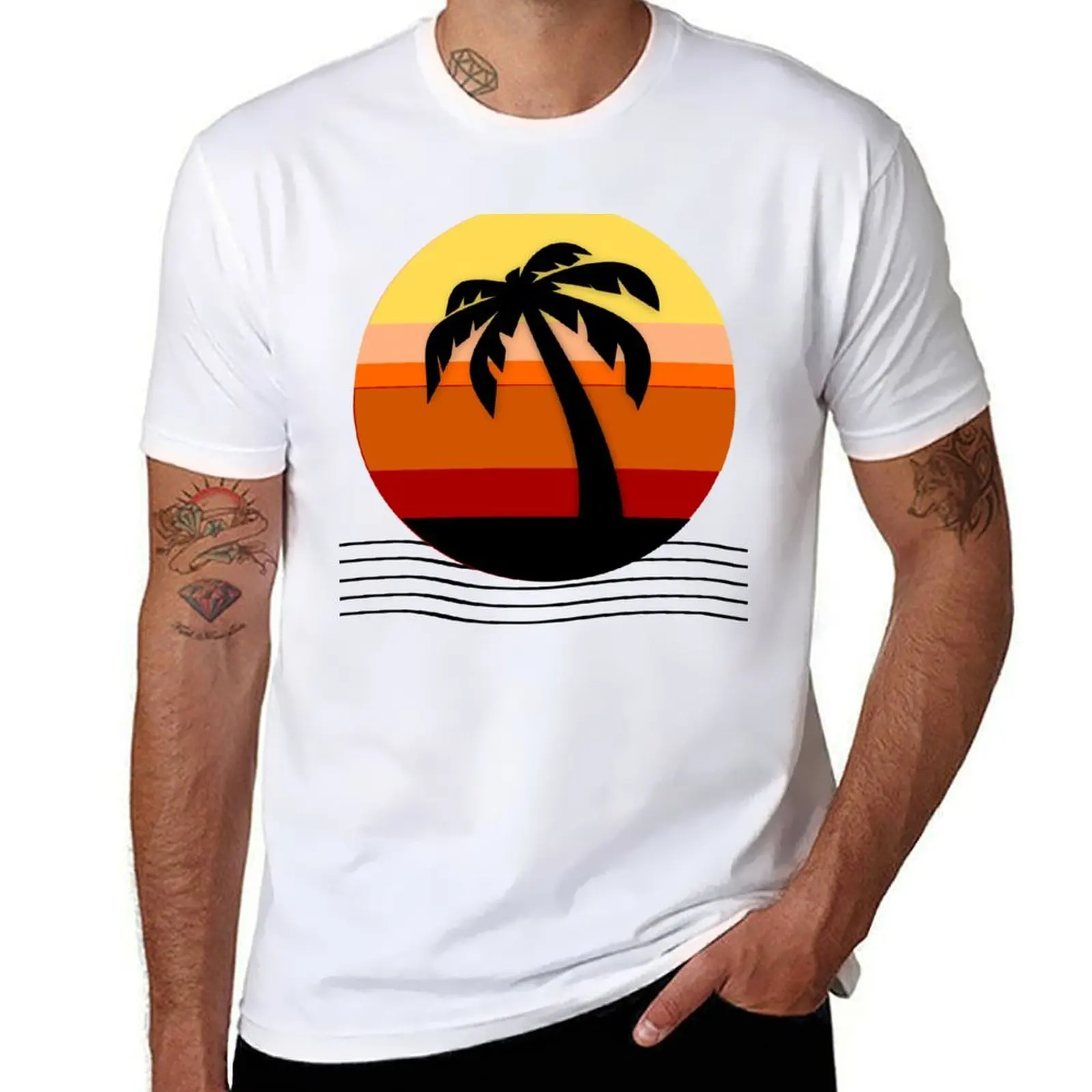 

80's Themed Beach With Waves And Palm Tree T-Shirt cotton t shirts high quality t shirt men 100% cotton luxury brand T-shirt