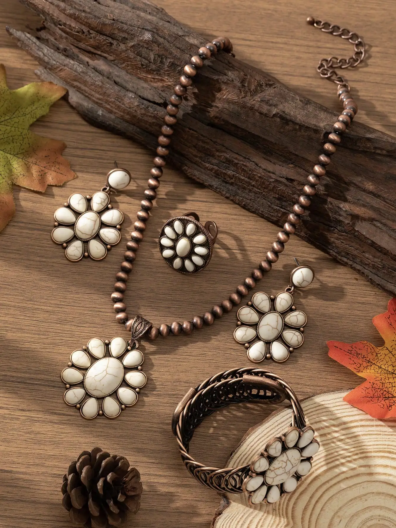 

Набор украшений в стиле бохо из 4 предметов для женщин: колье, серьги, кольцо и браслет с дизайном в виде бирюзовых цветов в бронзовых тонах