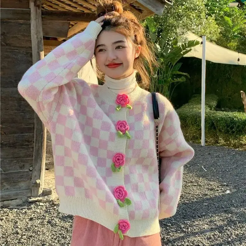 

Sweater Cardigan Plaid Three-Dimensional Flower Round Collar Sweet Pink Lady Autumn And Winter New Top Thickened Knit Cardigan