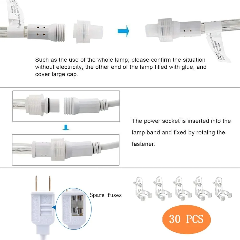 Luz de cuerda LED impermeable para exteriores de 100 pies con 720 LED, 8 modos de iluminación, tubo flexible para jardín
