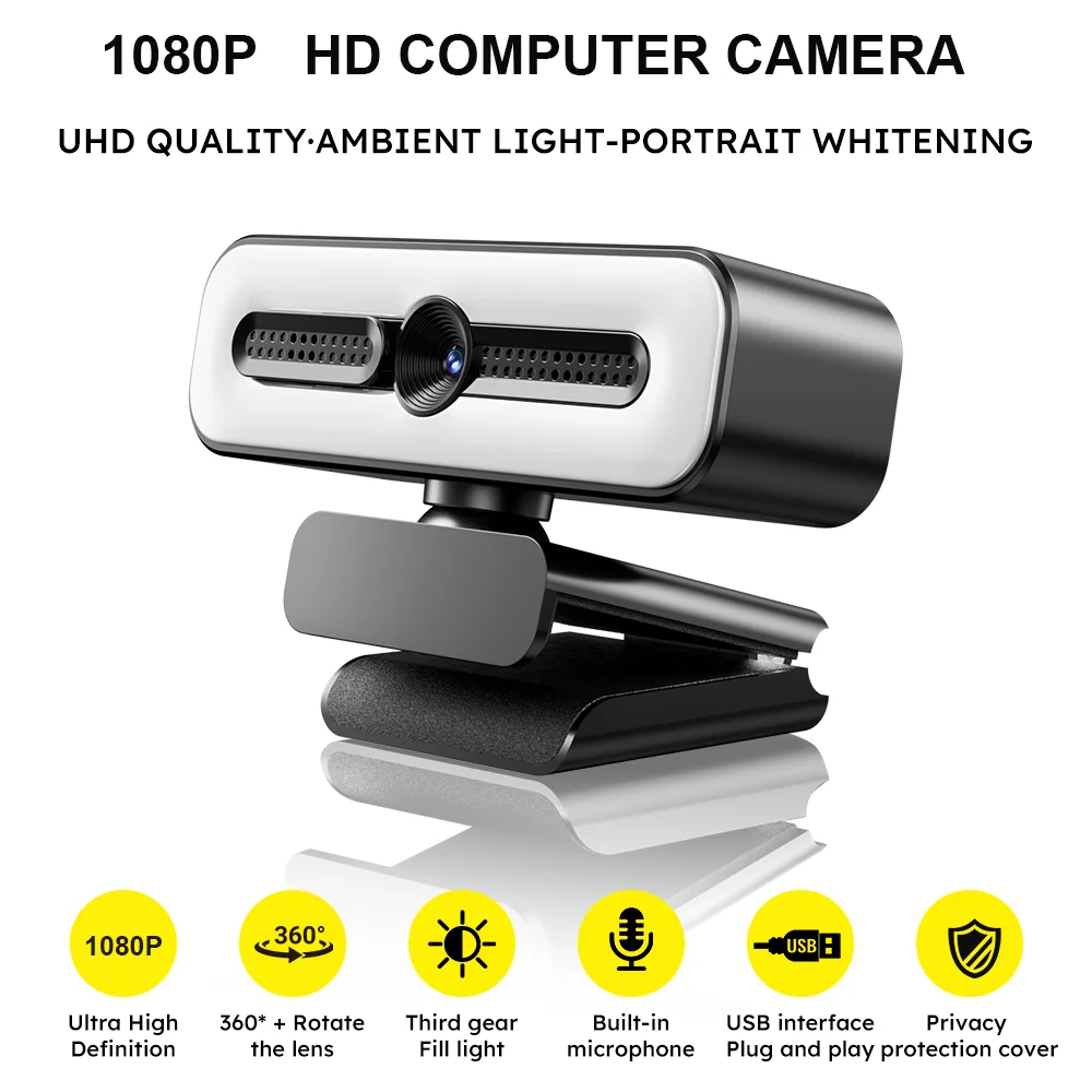 Smart HD Camera, with Microphone Privacy Slider, Three-stop Beauty Fill Light, Suitable for Live Game Broadcasting, Video Confer