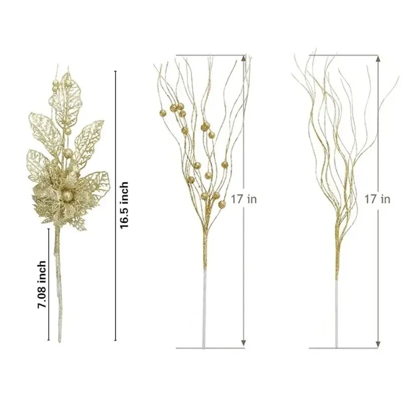 5/10 Stück Goldglitzer-Weihnachtsbaumdekoration Künstliche Beerenstiele Weihnachtsstern-Blumenzweige Ornament für Neujahrsdekoration – Detail 5