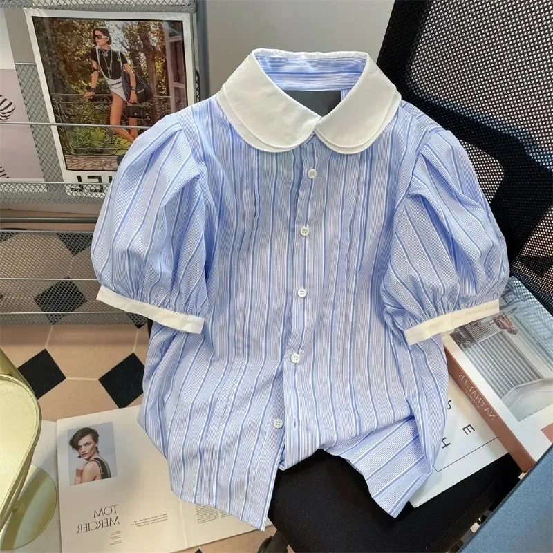 Vintage French Preppy 2024 Summer Women Clothing Shirts Peter Pan Collar Puff Sleeve Stripe Blouses Single-breasted Chic Blusas