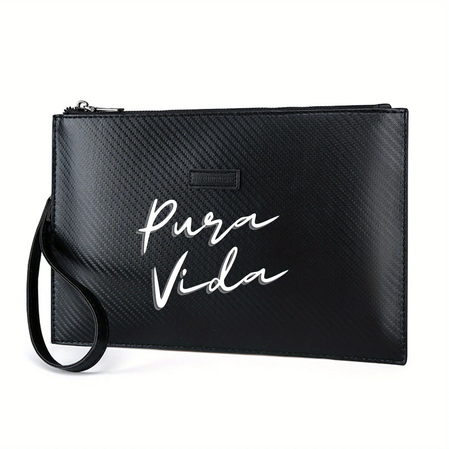 Pura Vida white cursive black background Elegant Printed PU Men's Handbag Fashionable and Practical for Everyday Carry