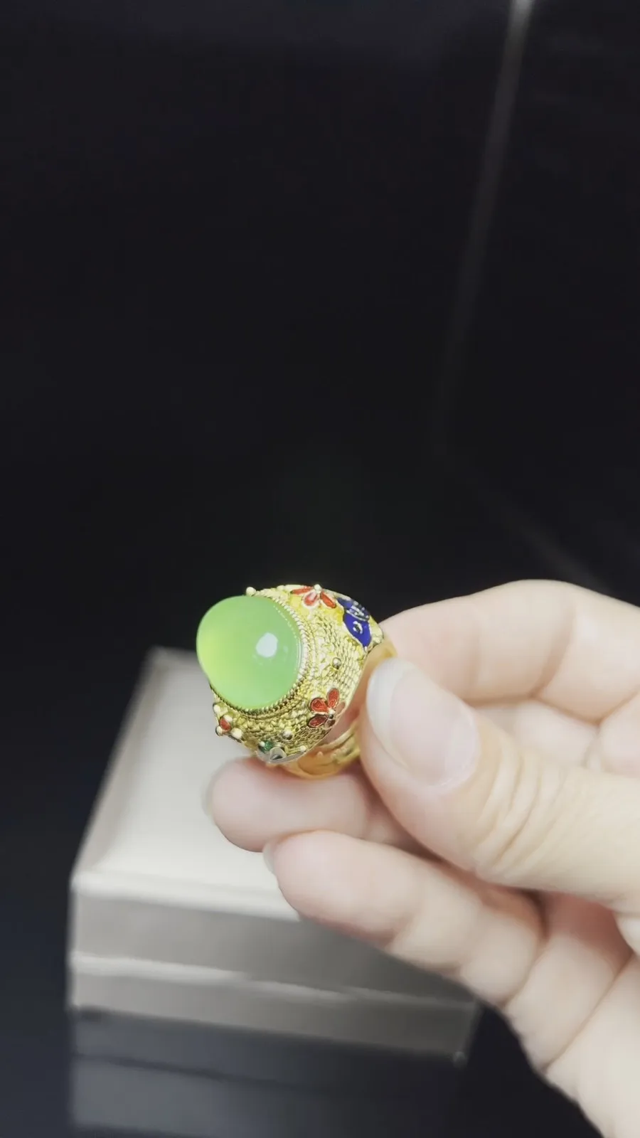 Real Natural Inlay Ice Green Burmese Jade Jadeite Archaistic Amulet Ring
