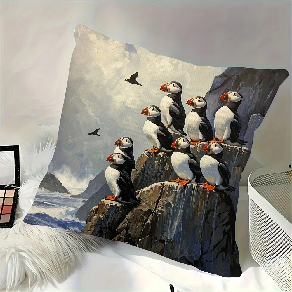 Coastal Puffin and Waves Double-Sided Pillowcase, Nautical Sea Cliff Cushion Cover with Zipper, Washable Decor Case