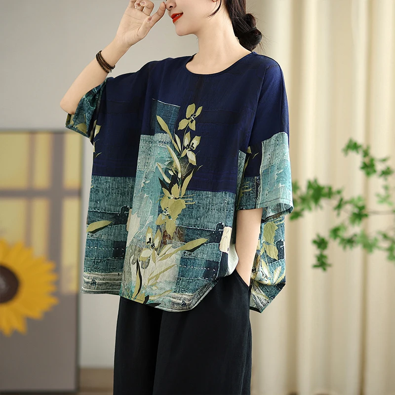 

Summer 2026 Loose Cotton Linen Printed Half Sleeve Base Shirt Stylish T Shirt Women's Premium Fashionable Top Commute Style