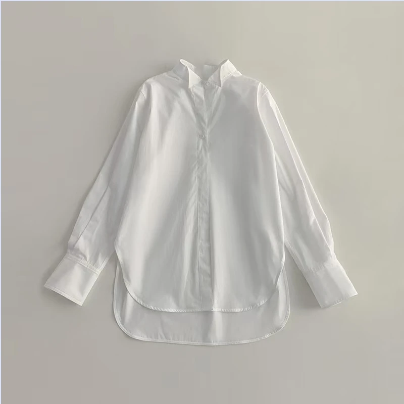 Spring and Autumn Minimally Folded Collar with Long Sleeve silhouette, Loose and Versatile, Long Sleeve Buckle White Shirt