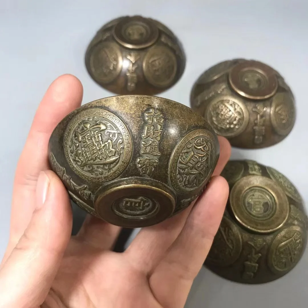 Antique collection of pure copper bowls, a set of palace high-relief gold and copper cups to attract wealth and treasure tea bow