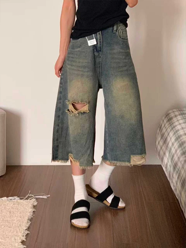 

American Style Vintage Hole Seven-Five Denim Jeans Women Summer New Large Size Loose Slimming Wide Leg Mid-Pants
