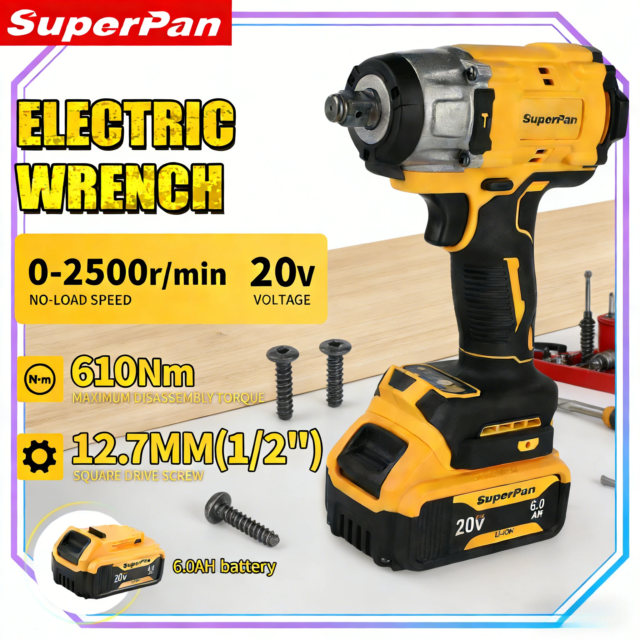 

Ударный гайковерт SuperPan SP922, 406 Н·м, для обслуживания автомобилей и ремонта автотехники, совместим с аккумулятором DeWalt 20В.